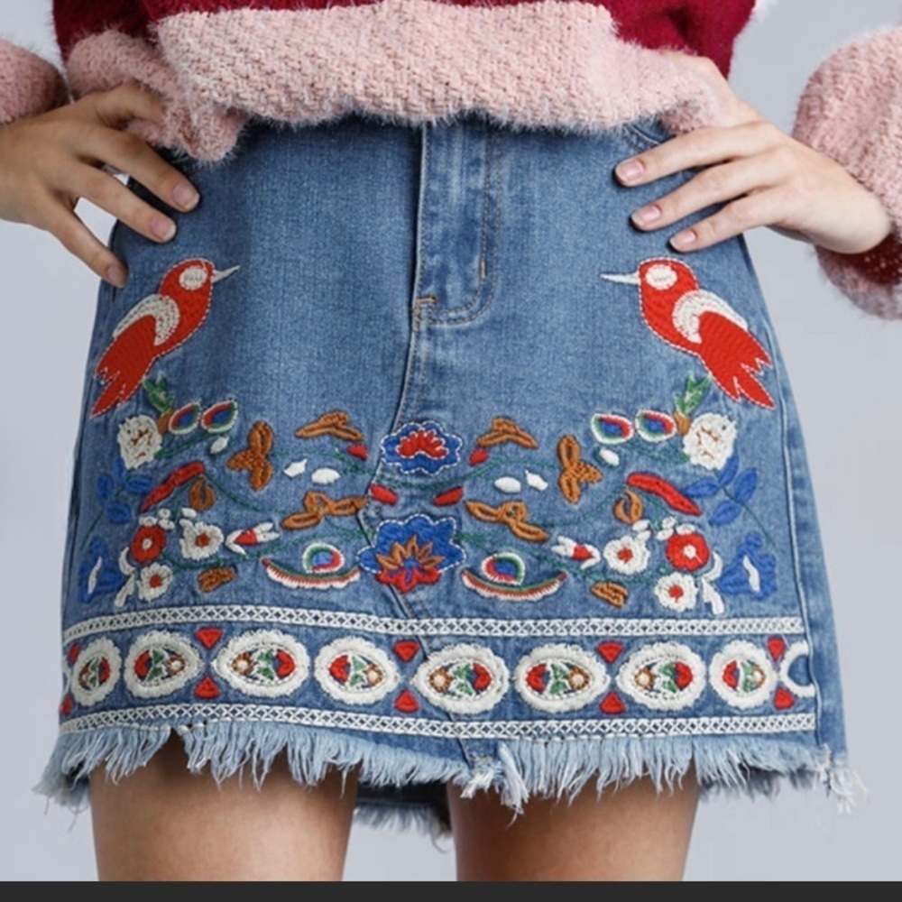 Red Piper Embroidered Boho Skirt - Picture 1 of 7